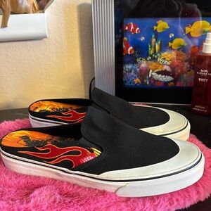 Vans Black Slip-On Shoes with Flame Design